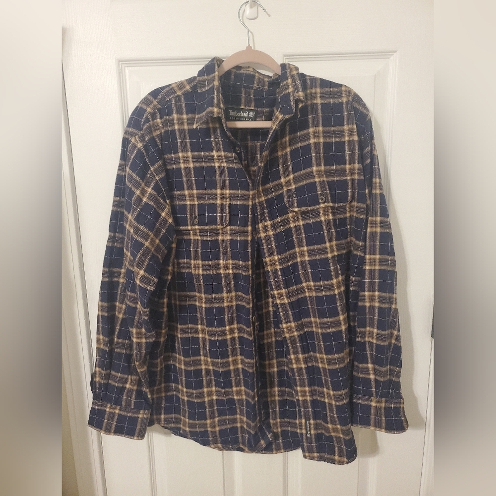 Timberland Performance Navy & Beige Plaid Shirt Size L 100% Cotton VTG 90s